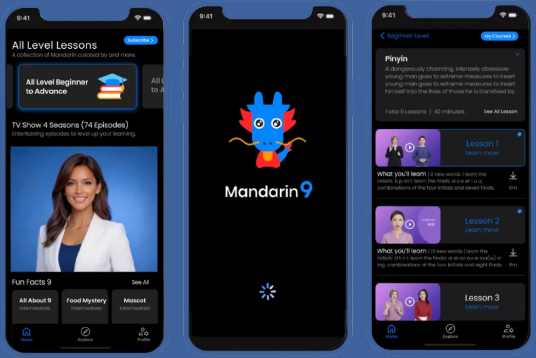 Pantallas de la app Mandarin9: lecciones y práctica