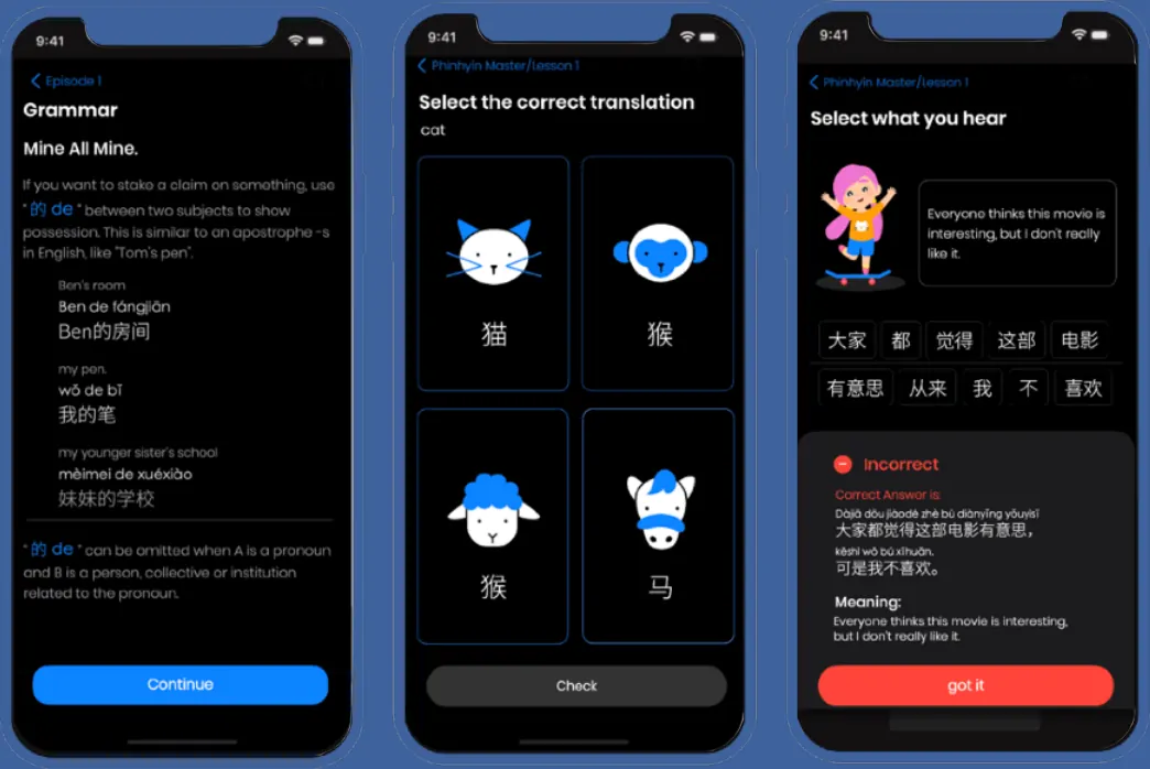 Pantallas de la app Mandarin9: gramática y ejercicios